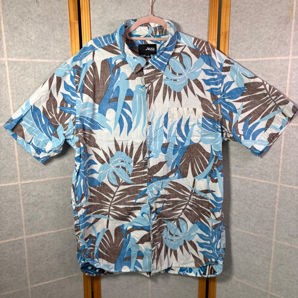 Hobie by Hurley Button Down Shirt XXL Blue Brown Tropical Leaf Print Surf‎ Aloha